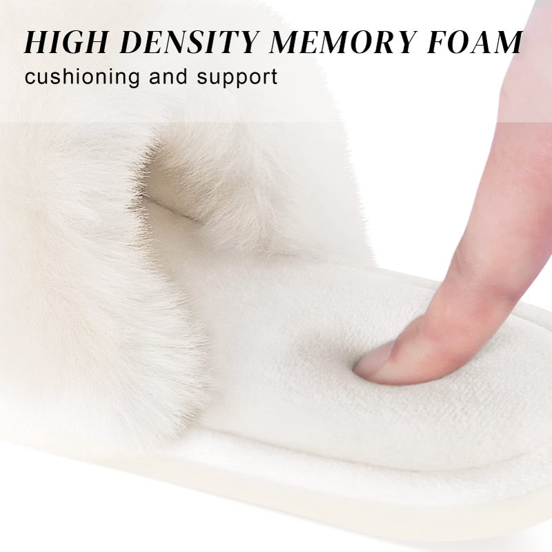 Parlovable Women's Faux Fur Slippers Fuzzy Flat Spa Fluffy Open Toe House Shoes Indoor Outdoor Slip on Memory Foam Slide Sandals Cream 9-10 - Image 5